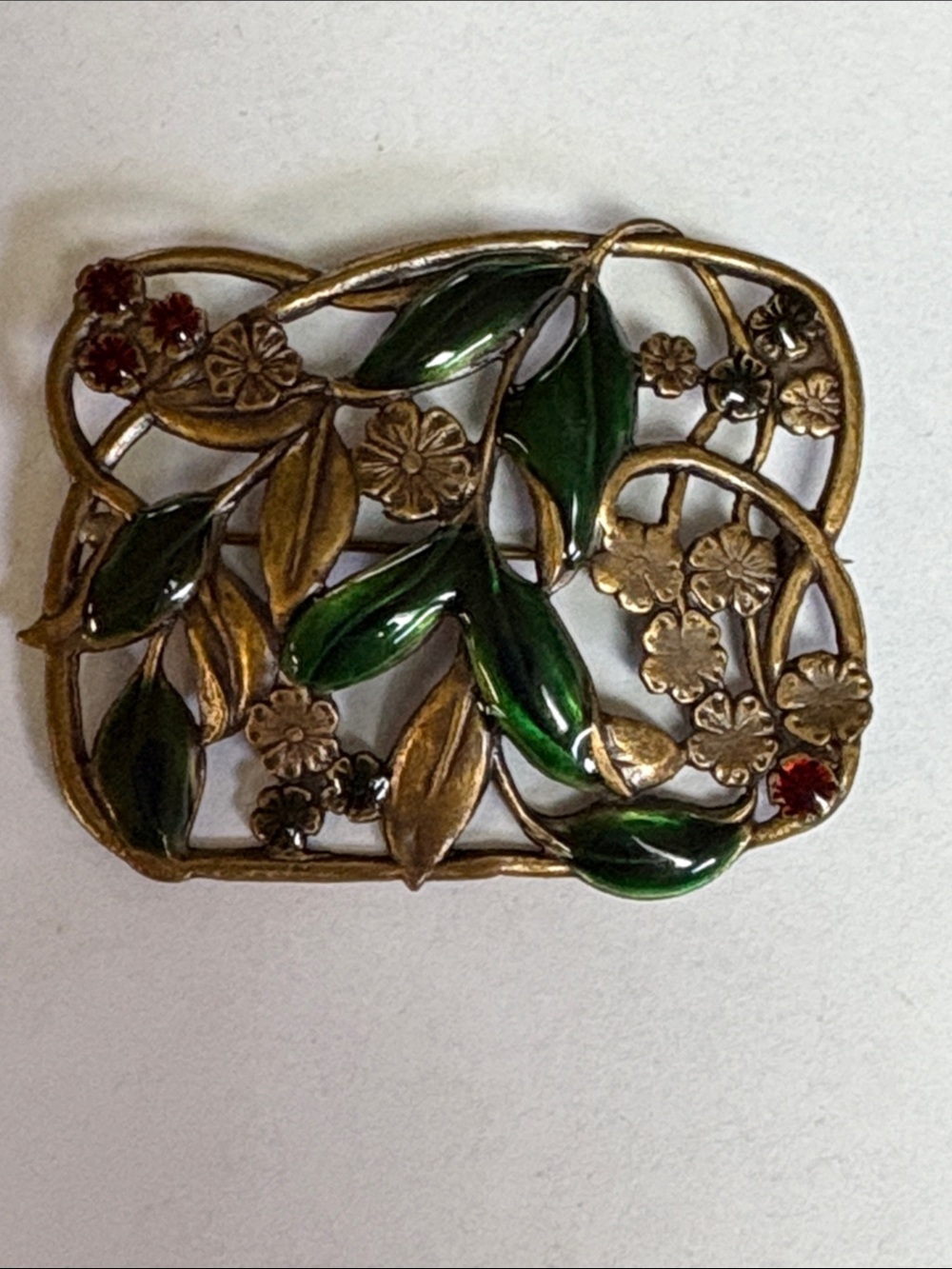 Green Enamel Floral Leaf Hair Clip - Gold Tone